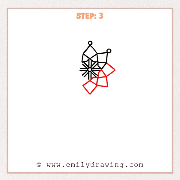 how to draw a dream catcher - A dream catcher web with two additional connected kite-shaped sections added on the lower-right, extending the woven pattern outward.